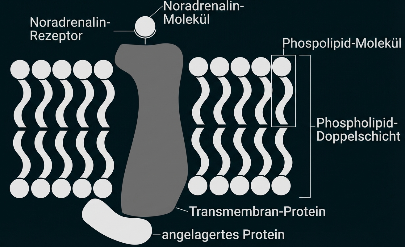 Schematische Zellmembran mit Phospholipid-Doppelschicht, Transmembranprotein und Noradrenalin-Rezeptor.